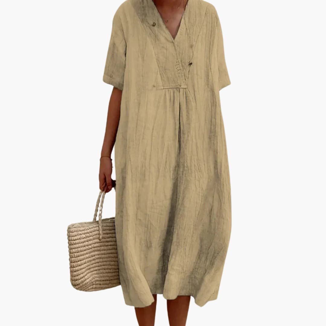 Women's Relaxed-Fit V-Neck Button-Placket Linen Midi Dress - Khaki