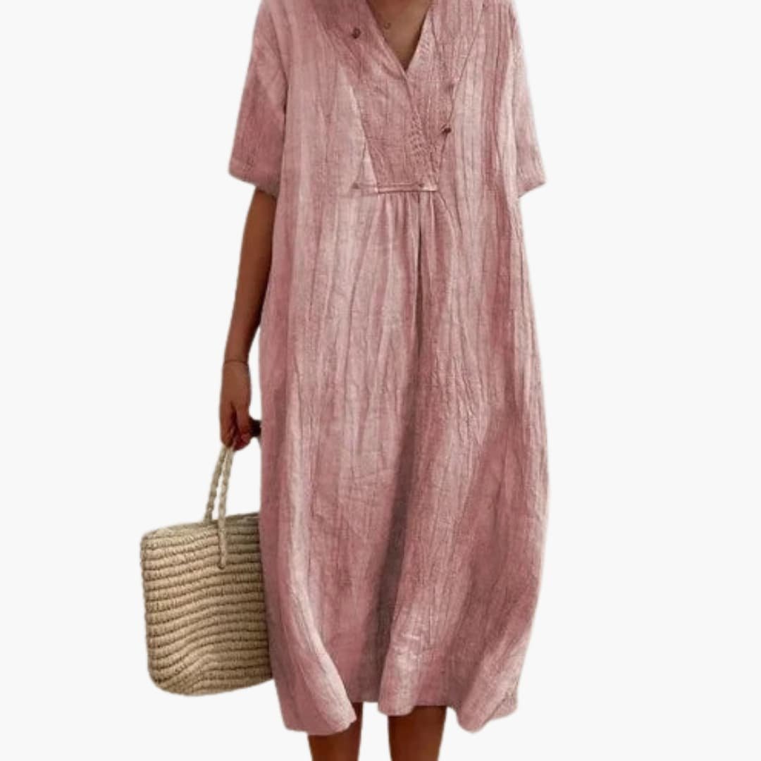 Women's Relaxed-Fit V-Neck Button-Placket Linen Midi Dress - Pink