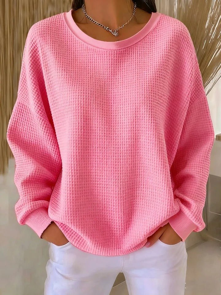 Women's Relaxed-Fit Waffle-Knit Long-Sleeve Pullover Sweater - Pink