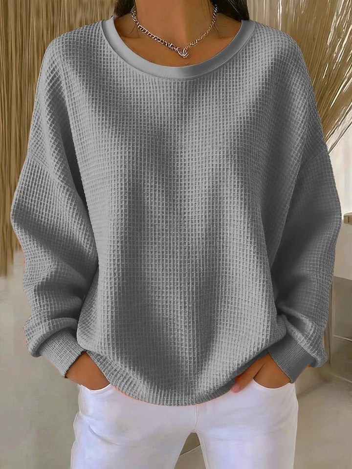 Women's Relaxed-Fit Waffle-Knit Long-Sleeve Pullover Sweater - Grey