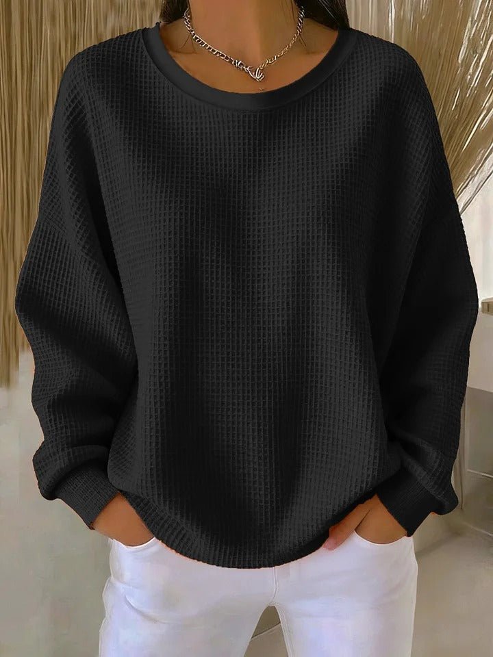 Women's Relaxed-Fit Waffle-Knit Long-Sleeve Pullover Sweater - Black
