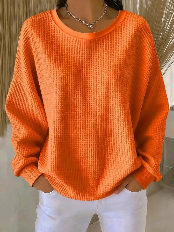 Women's Relaxed-Fit Waffle-Knit Long-Sleeve Pullover Sweater - Orange
