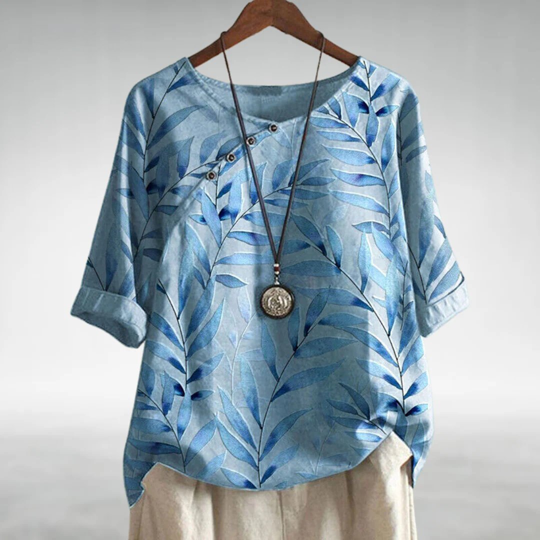Women's Relaxed-Fit Watercolor Leaf-Print Linen-Look Short-Sleeve Top - Blue