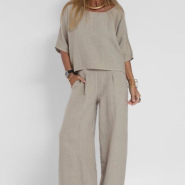 Women's Relaxed-Fit Wide-Leg Linen Two-Piece Lounge Set - Light Gray