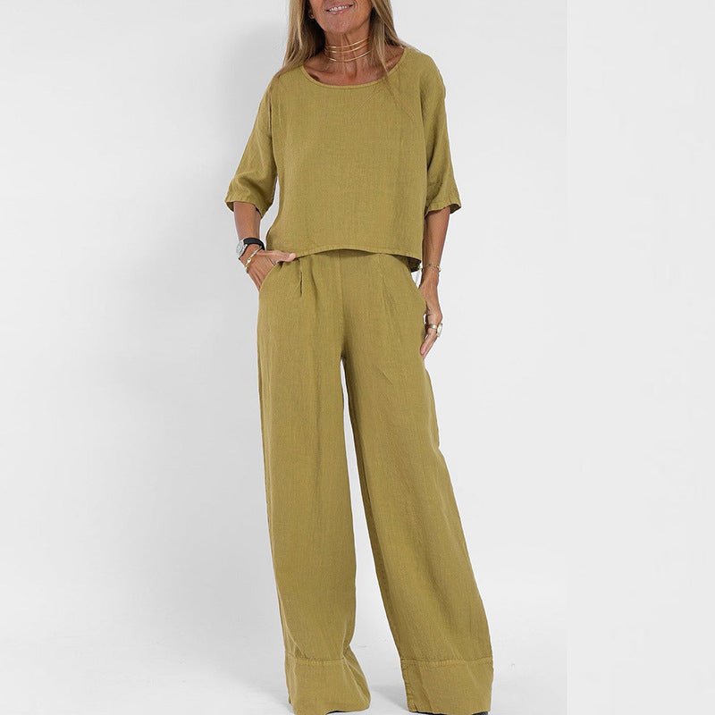 Women's Relaxed-Fit Wide-Leg Linen Two-Piece Lounge Set - Yellow
