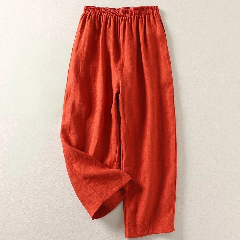 Women's Relaxed High-Waist Elastic-Waist Linen Pants - Orange