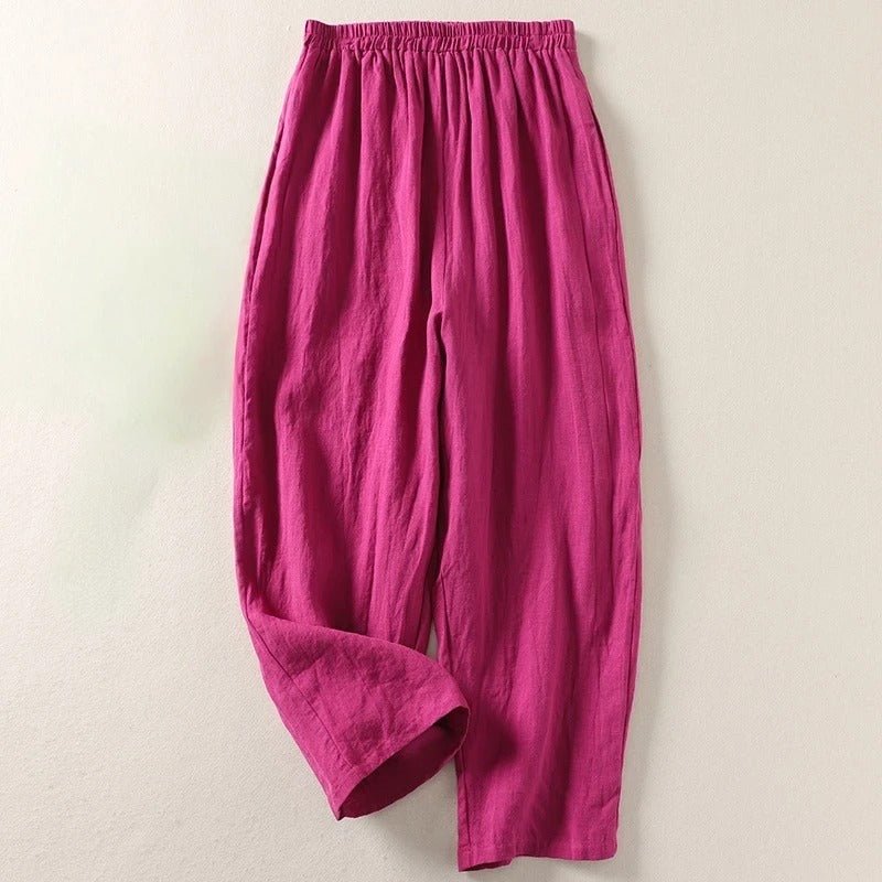 Women's Relaxed High-Waist Elastic-Waist Linen Pants - Pink