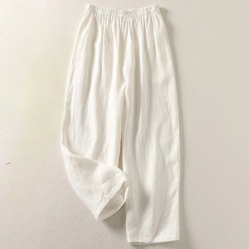 Women's Relaxed High-Waist Elastic-Waist Linen Pants - White