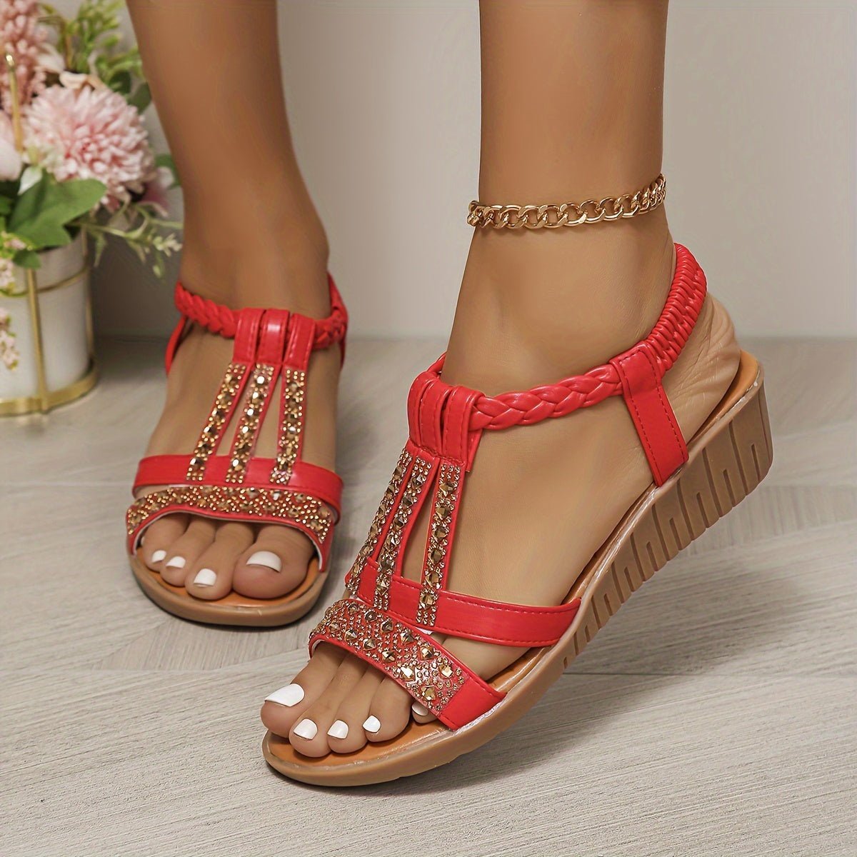Women's Rhinestone Embellished T-Strap Orthopedic Wedge Sandals - Red