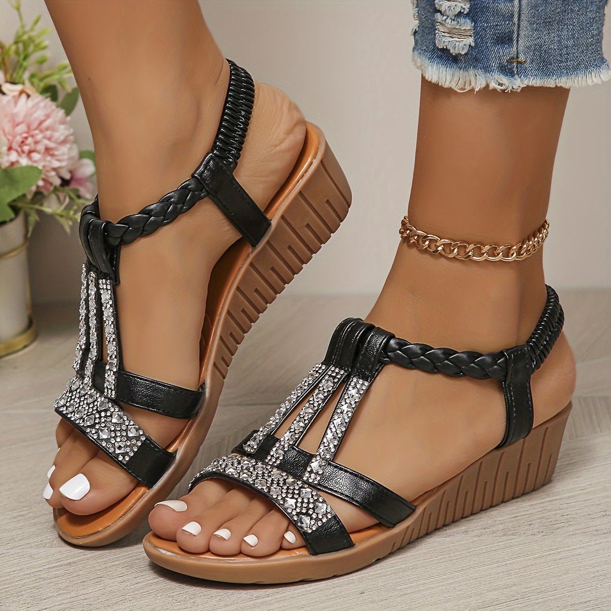 Women's Rhinestone Embellished T-Strap Orthopedic Wedge Sandals - Black