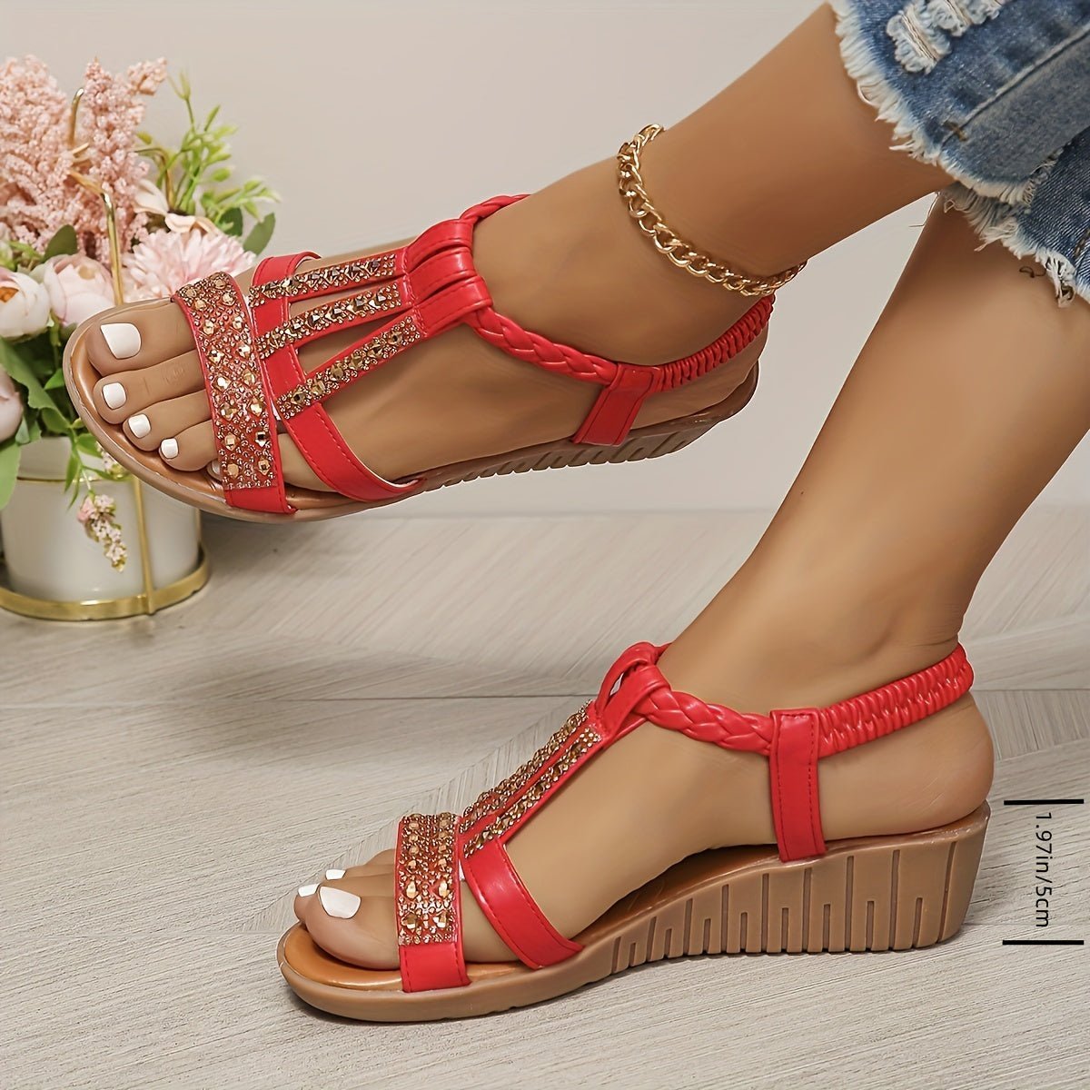Women's Rhinestone Embellished T-Strap Orthopedic Wedge Sandals