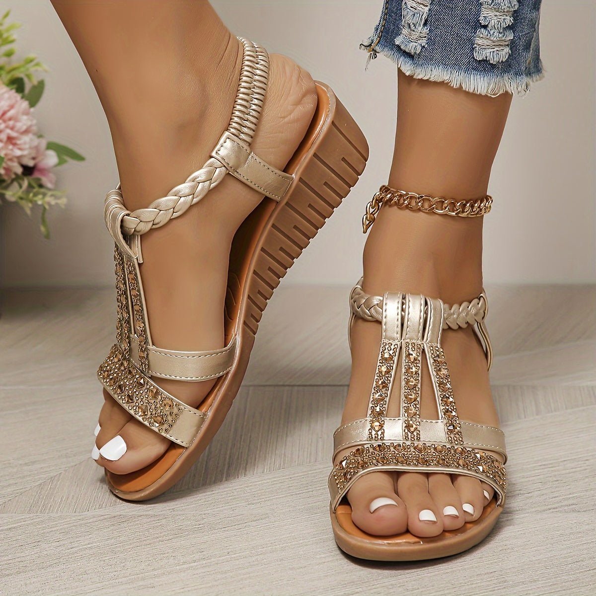 Women's Rhinestone Embellished T-Strap Orthopedic Wedge Sandals - Rose Gold
