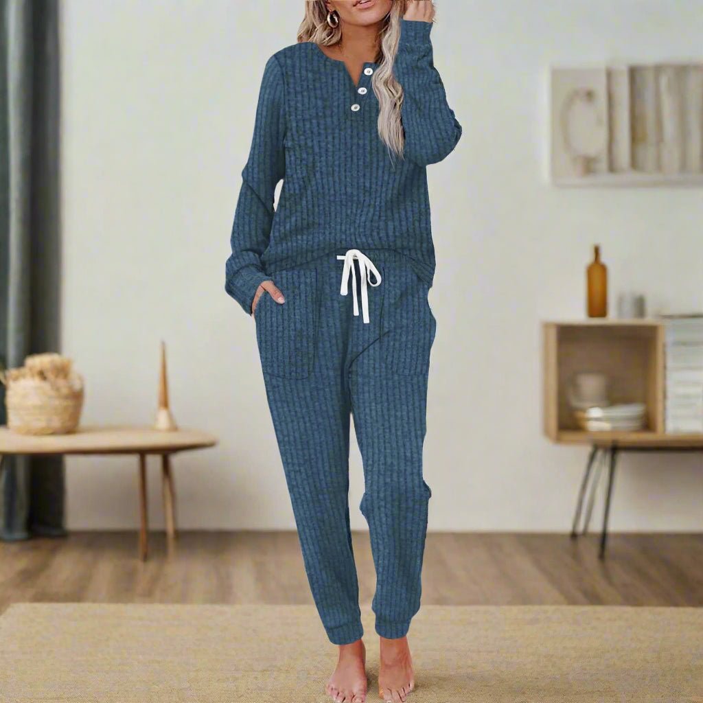 Women's Ribbed Long-Sleeve Button-Henley Drawstring Loungewear Set
