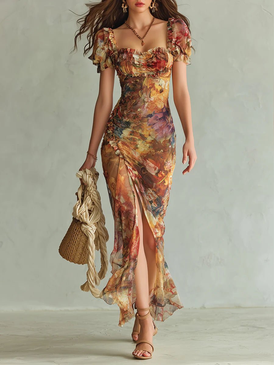 Women's Ruched Sweetheart Ruffle Floral Chiffon Maxi Dress - Orange