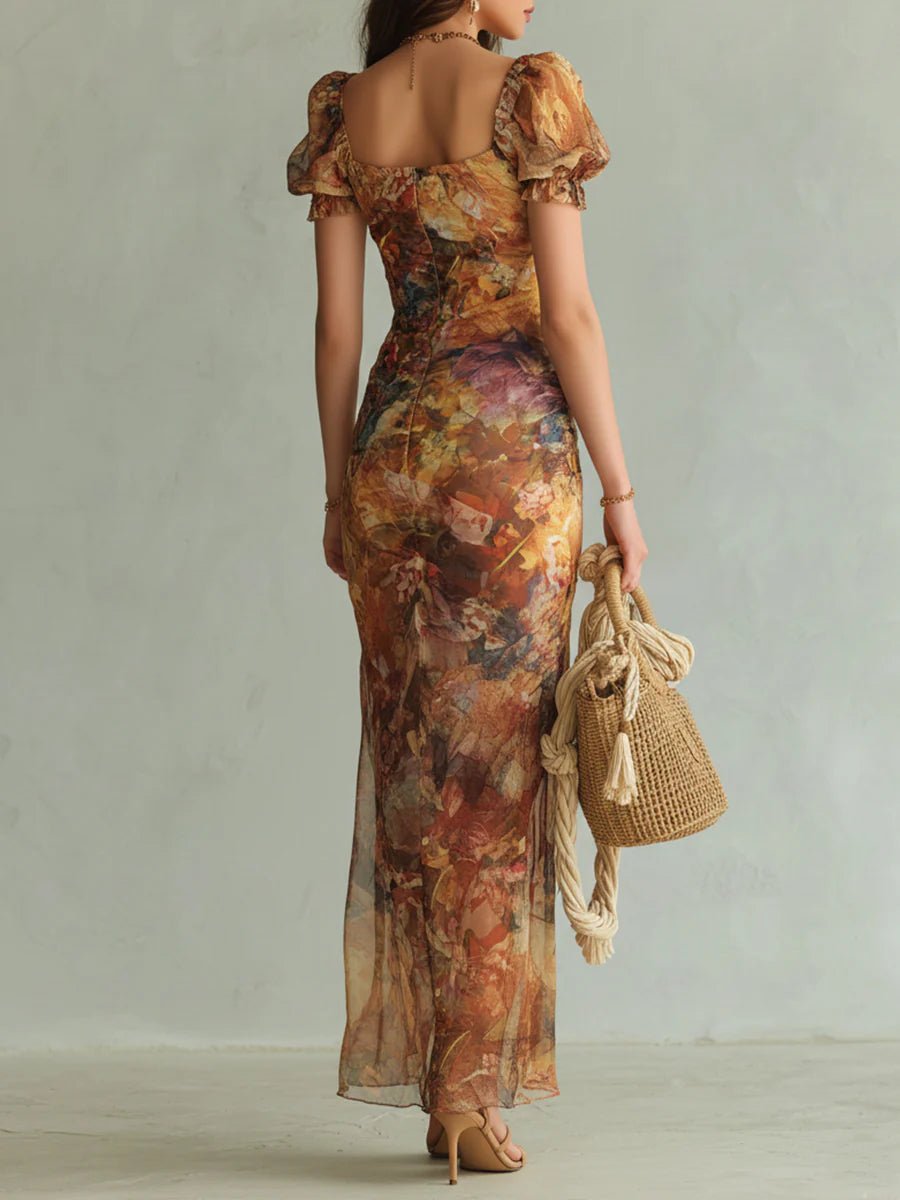 Women's Ruched Sweetheart Ruffle Floral Chiffon Maxi Dress