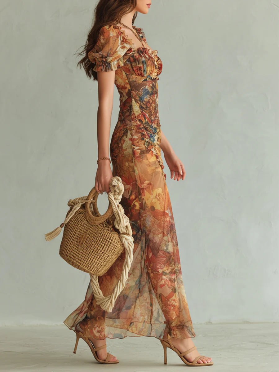 Women's Ruched Sweetheart Ruffle Floral Chiffon Maxi Dress