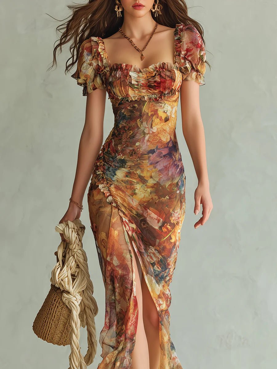 Women's Ruched Sweetheart Ruffle Floral Chiffon Maxi Dress