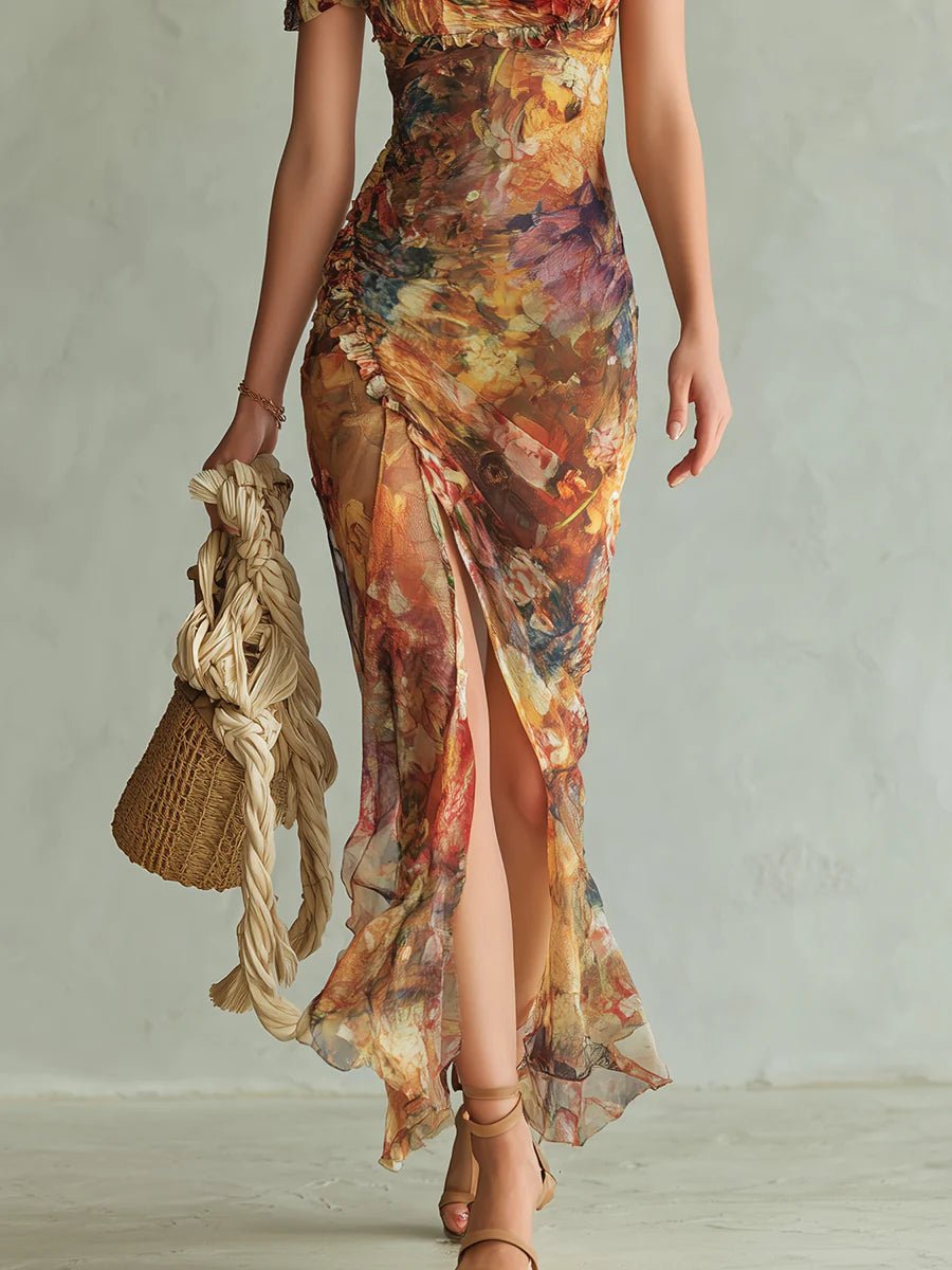 Women's Ruched Sweetheart Ruffle Floral Chiffon Maxi Dress