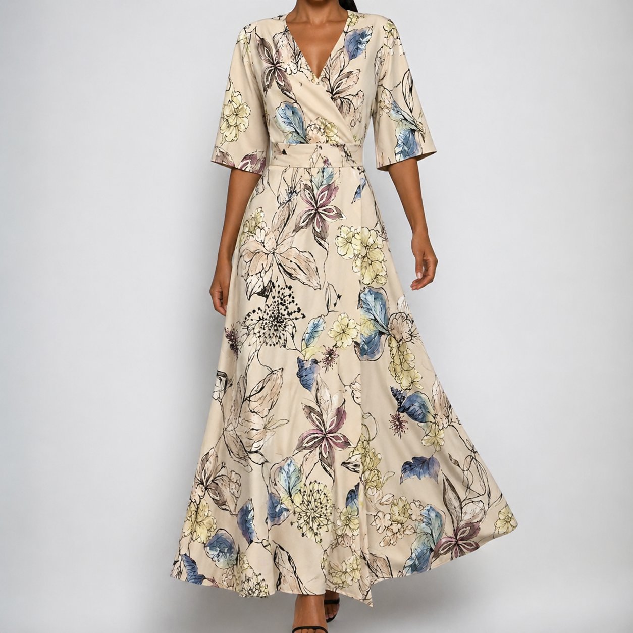 Women's Satin Floral Wrap V-Neck Belted Maxi Dress - Beige