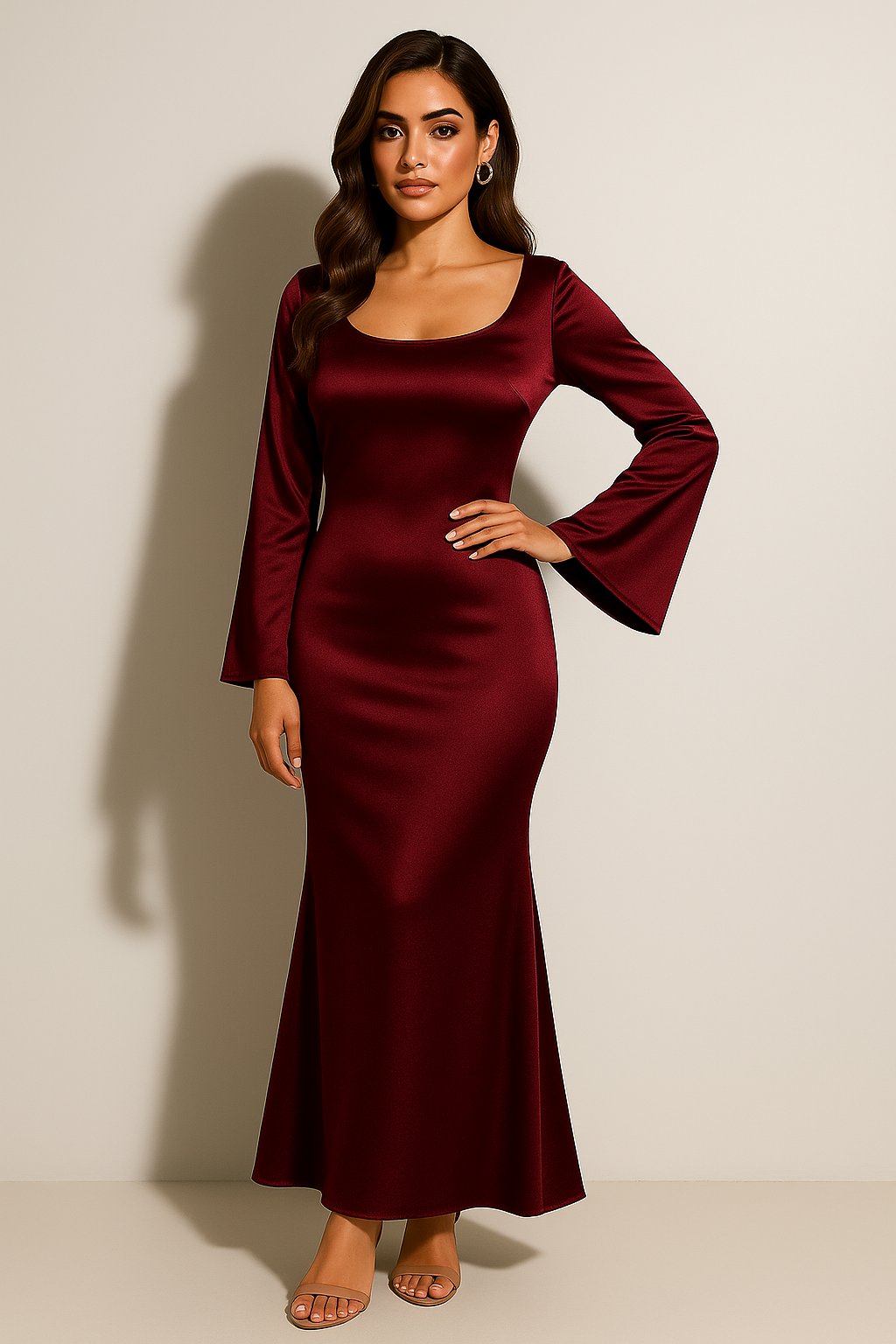 Women's Satin Long Sleeve Scoop Neck Fishtail Maxi Gown