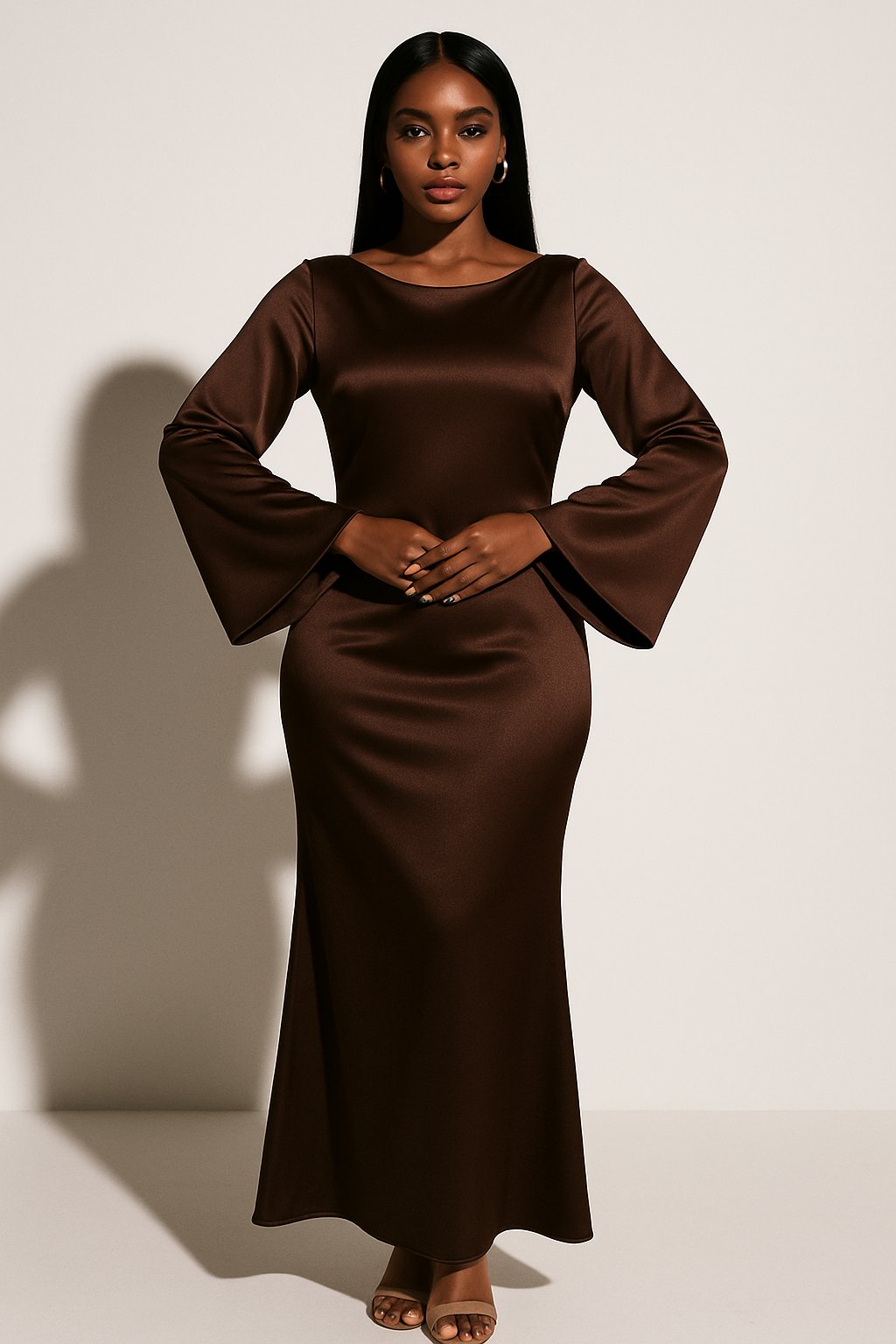 Women's Satin Long Sleeve Scoop Neck Fishtail Maxi Gown - Dark Brown