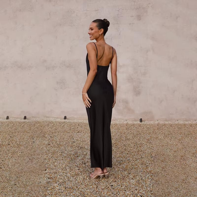 Women's Satin Open-Back Body-Con Spaghetti Strap Maxi Dress