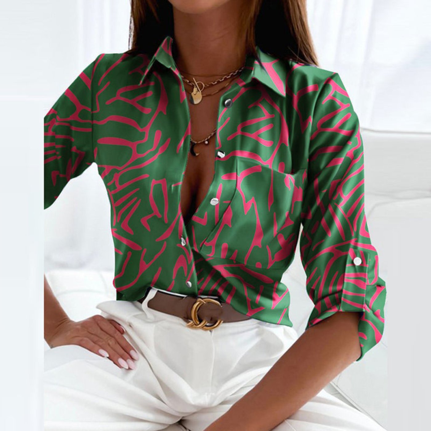 Women's Satin Striped Button-Down Long Sleeve Blouse - Dark Green