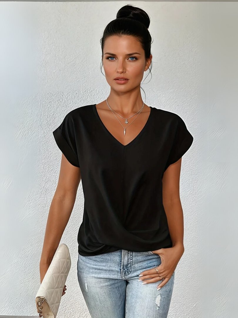 Women's Satin Twist-Front V-Neck Short Sleeve Blouse
