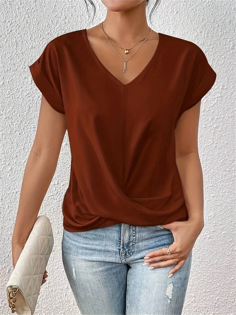 Women's Satin Twist-Front V-Neck Short Sleeve Blouse - Rust