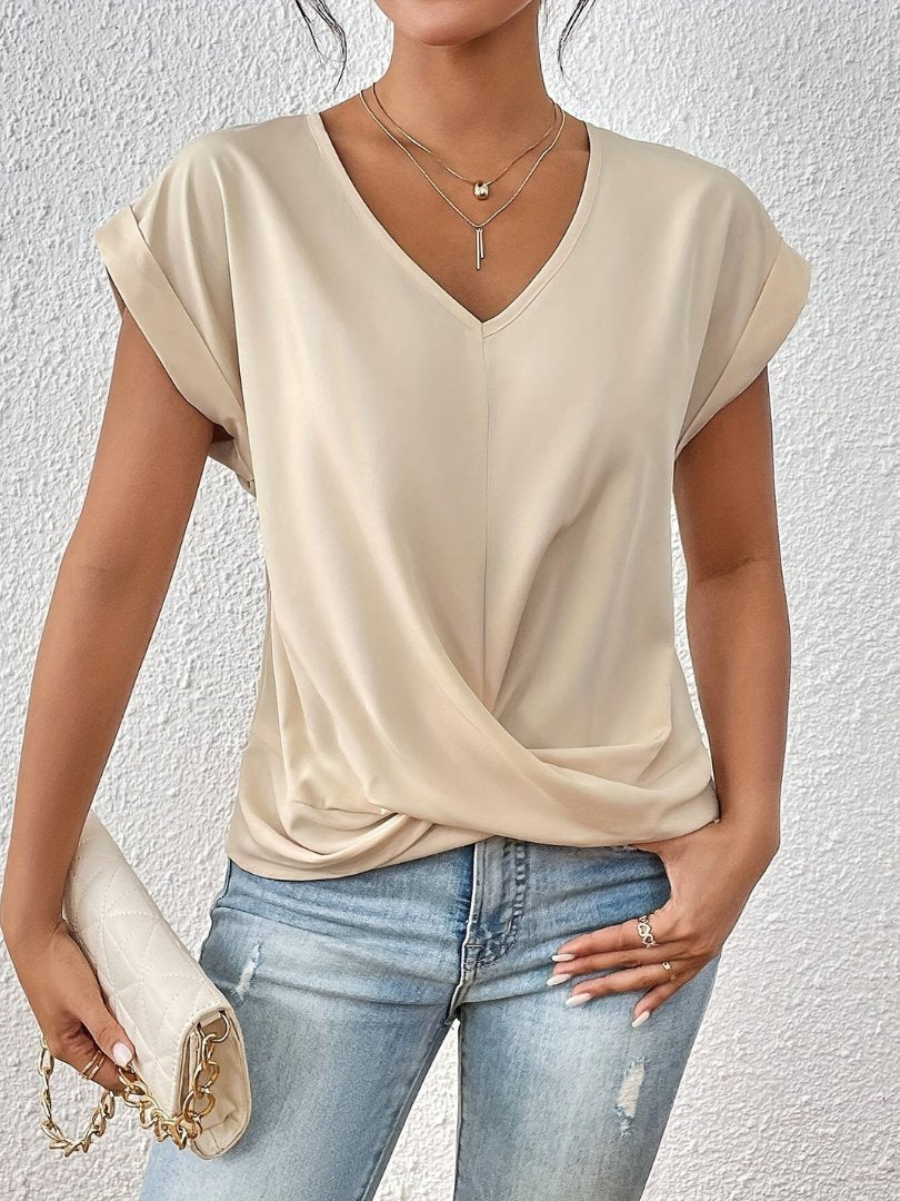 Women's Satin Twist-Front V-Neck Short Sleeve Blouse - Beige