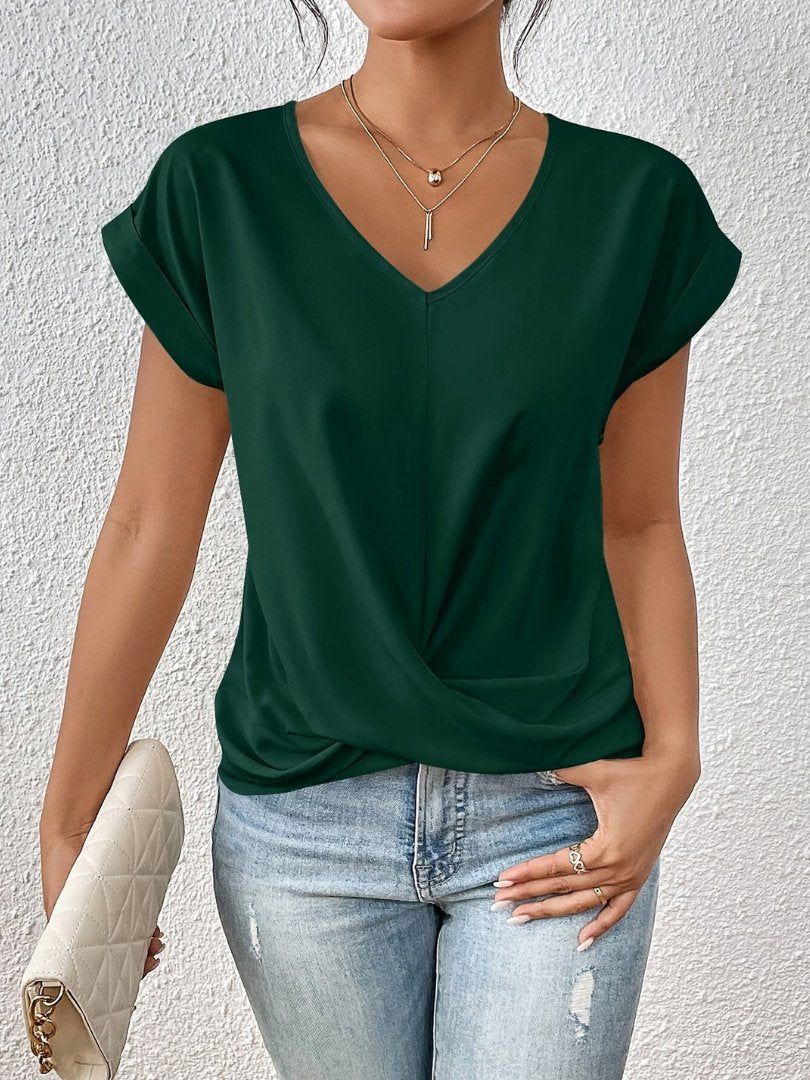 Women's Satin Twist-Front V-Neck Short Sleeve Blouse - Dark Green