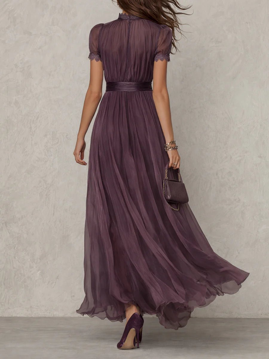 Women's Short Sleeve Keyhole Lace-Trim Chiffon Maxi Dress