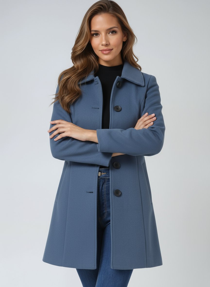 Women's Single-Breasted Structured Mid-Length Winter Coat - Light Blue