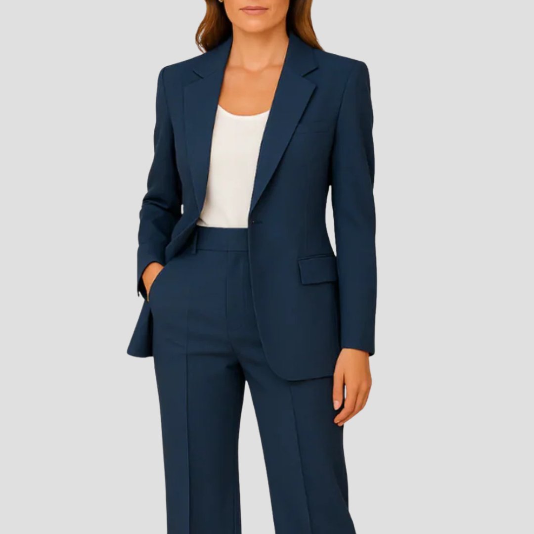 Women's Single-Button Tailored Two-Piece Blazer Suit Set - Navy Blue