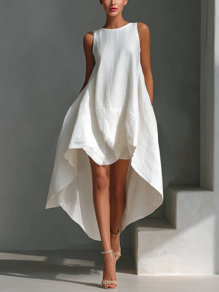 Women's Sleeveless Asymmetric Handkerchief-Hem Linen Midi Dress - White