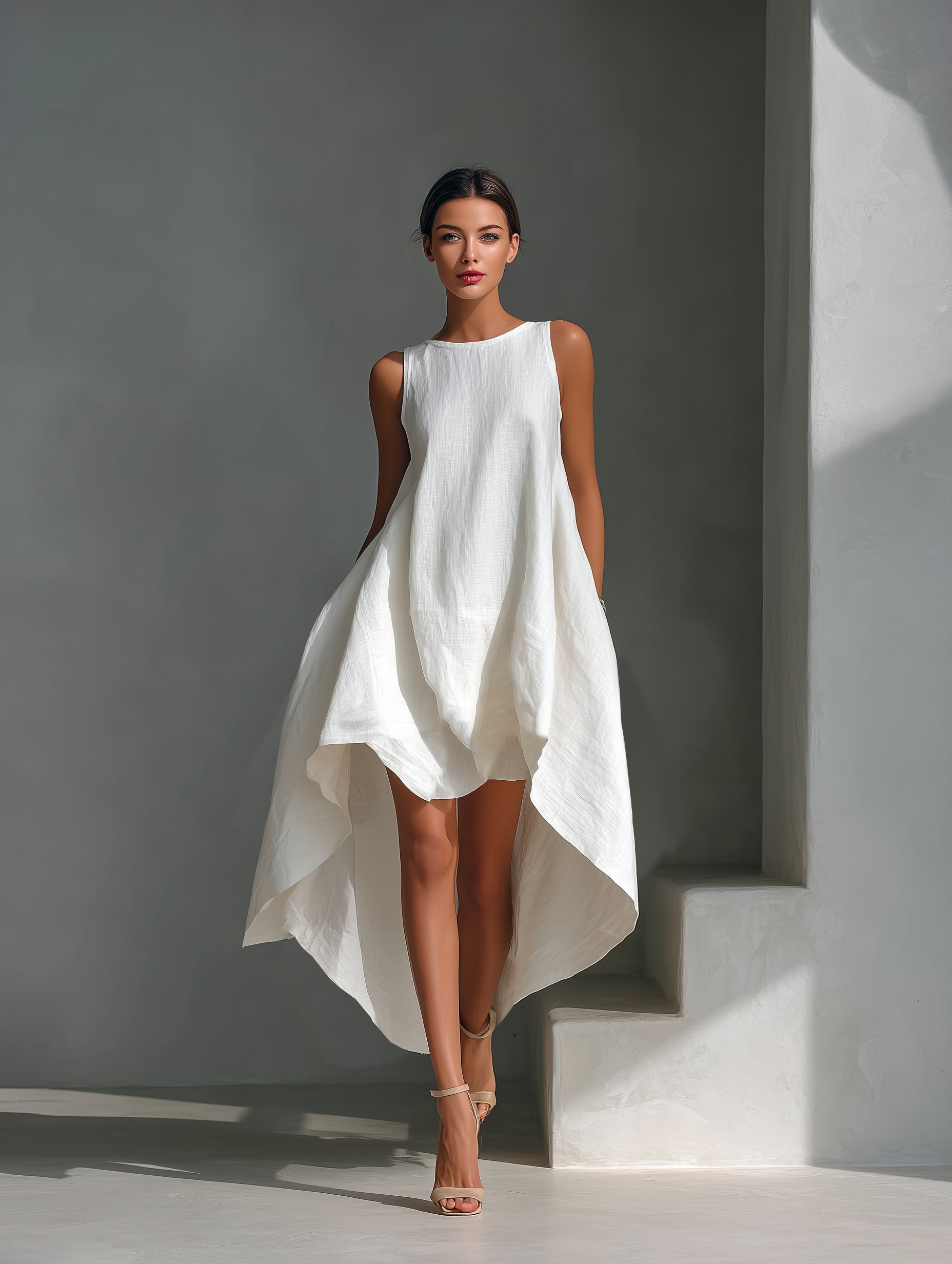 Women's Sleeveless Asymmetric Handkerchief-Hem Linen Midi Dress