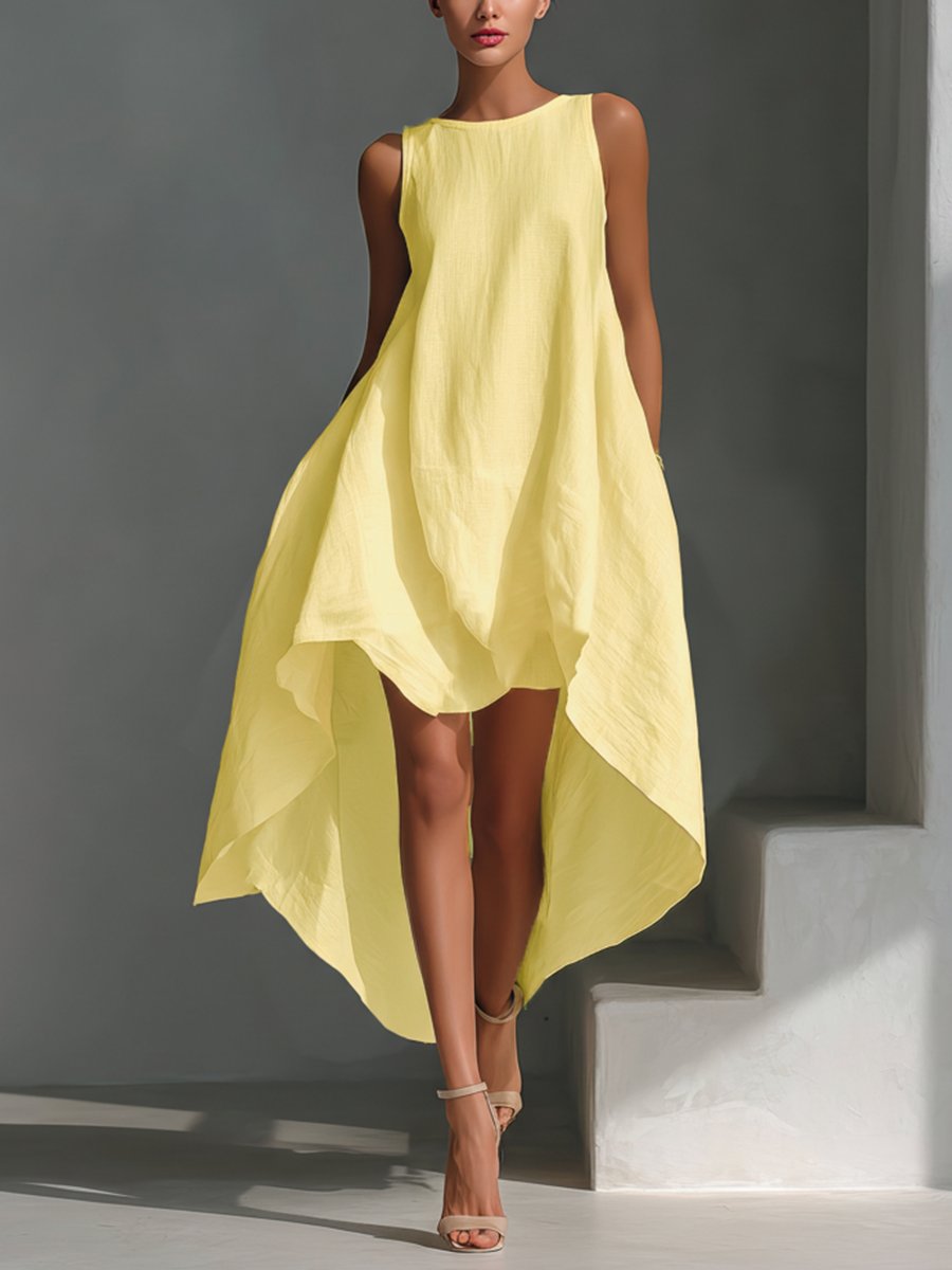 Women's Sleeveless Asymmetric Handkerchief-Hem Linen Midi Dress - Warm yellow