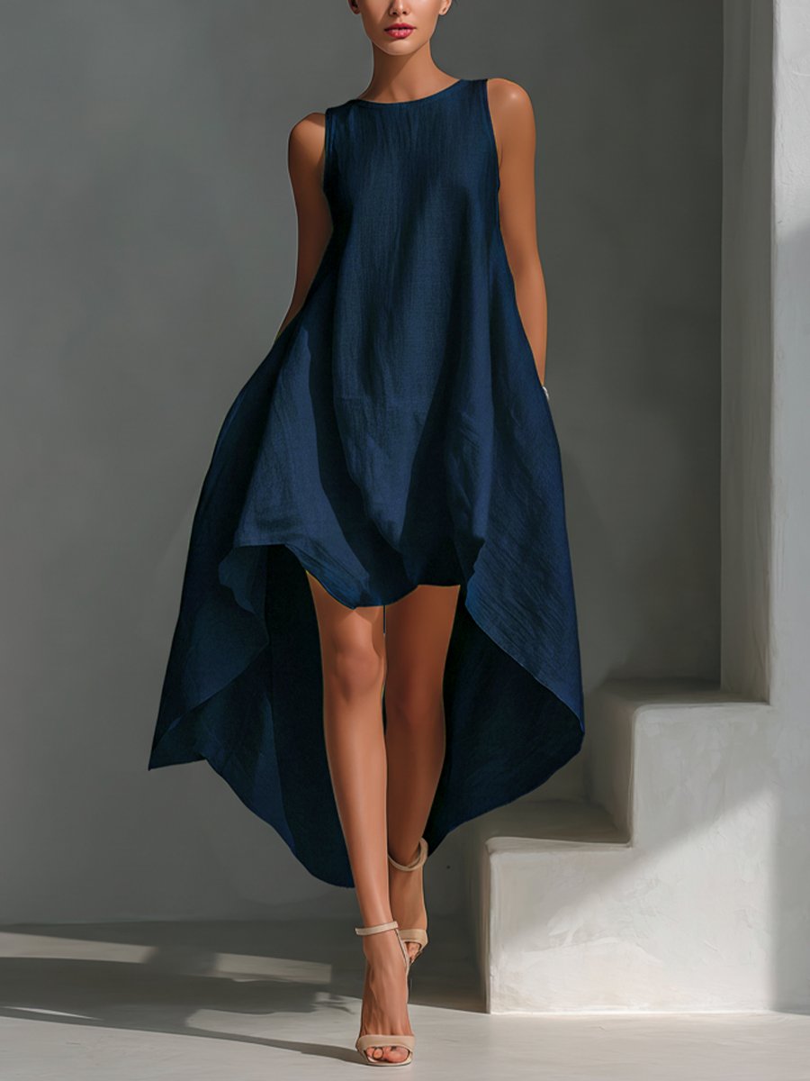 Women's Sleeveless Asymmetric Handkerchief-Hem Linen Midi Dress - Navy blue