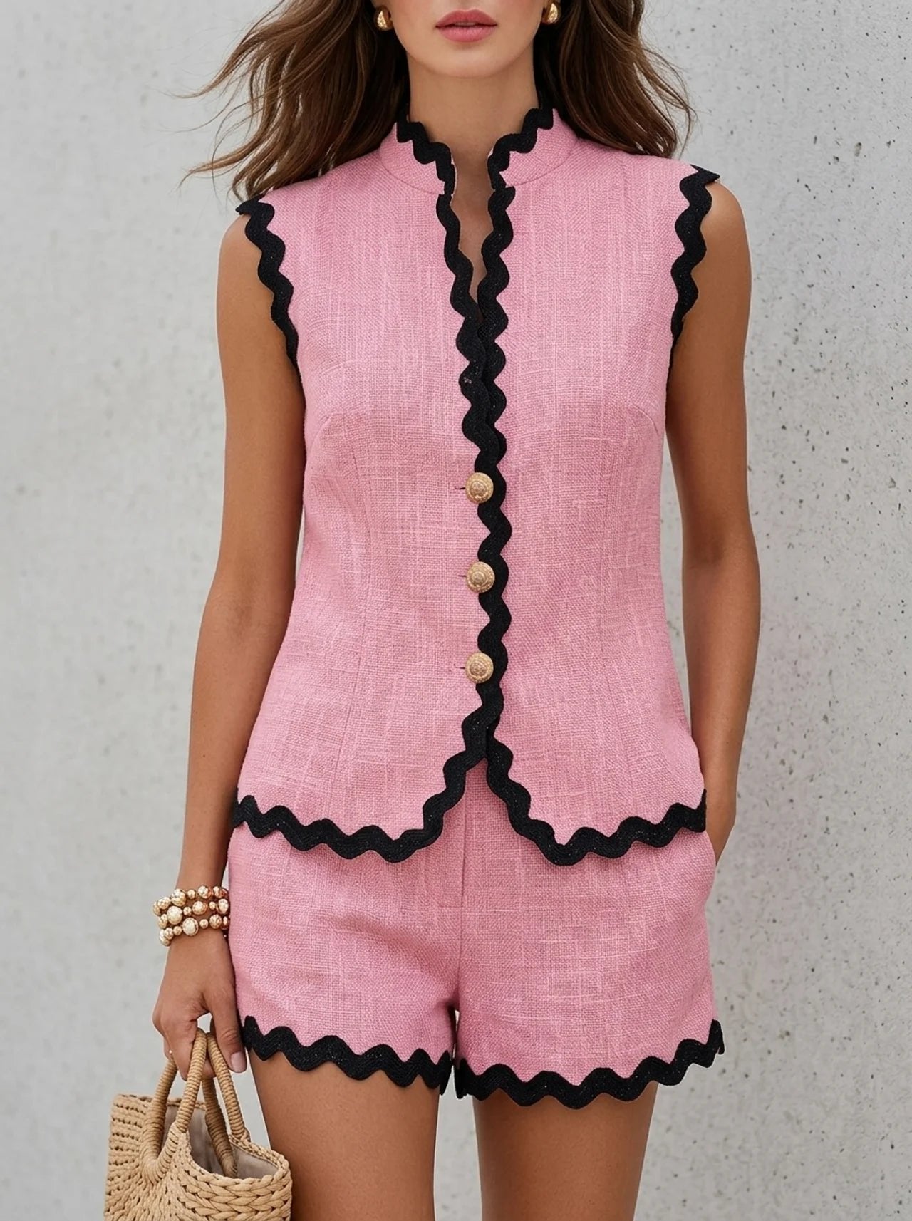 Women's Sleeveless Button-Front Linen Blend Two-Piece Short Set - Pink
