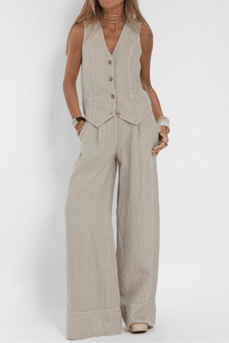 Women's Sleeveless Button-Front Wide-Leg Two-Piece Linen Set - Beige
