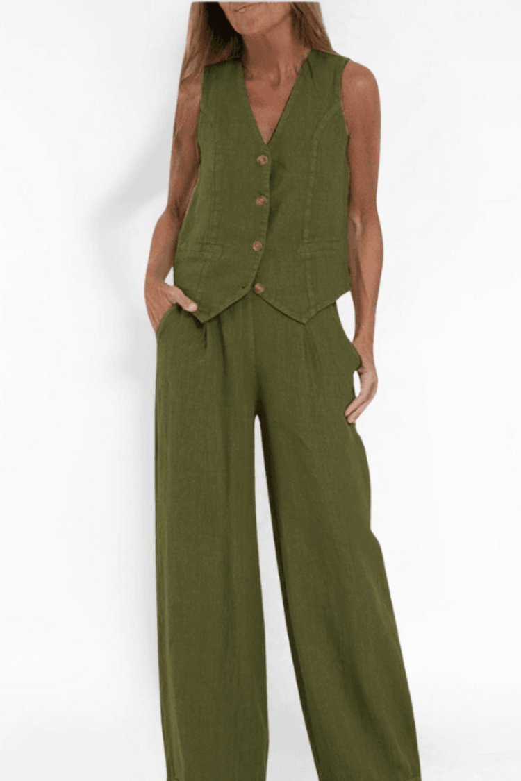 Women's Sleeveless Button-Front Wide-Leg Two-Piece Linen Set - Green
