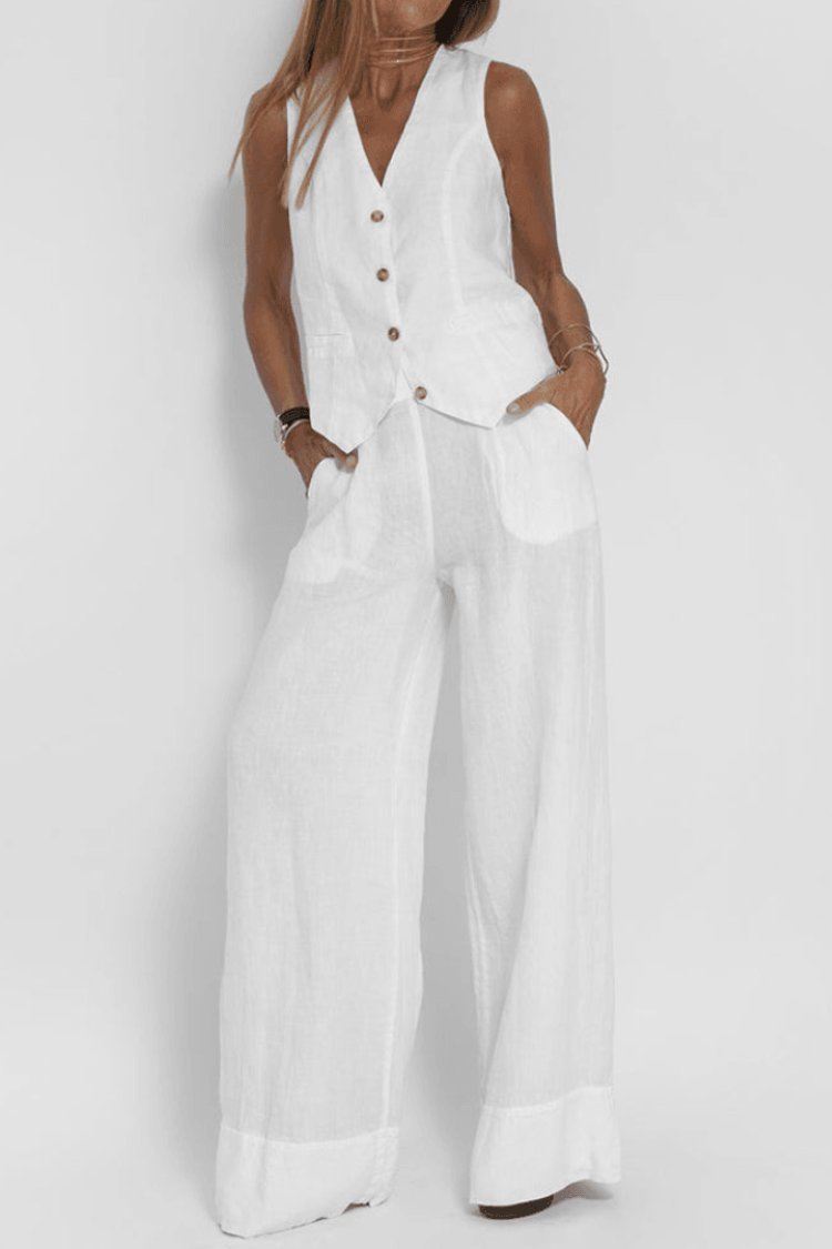 Women's Sleeveless Button-Front Wide-Leg Two-Piece Linen Set - White