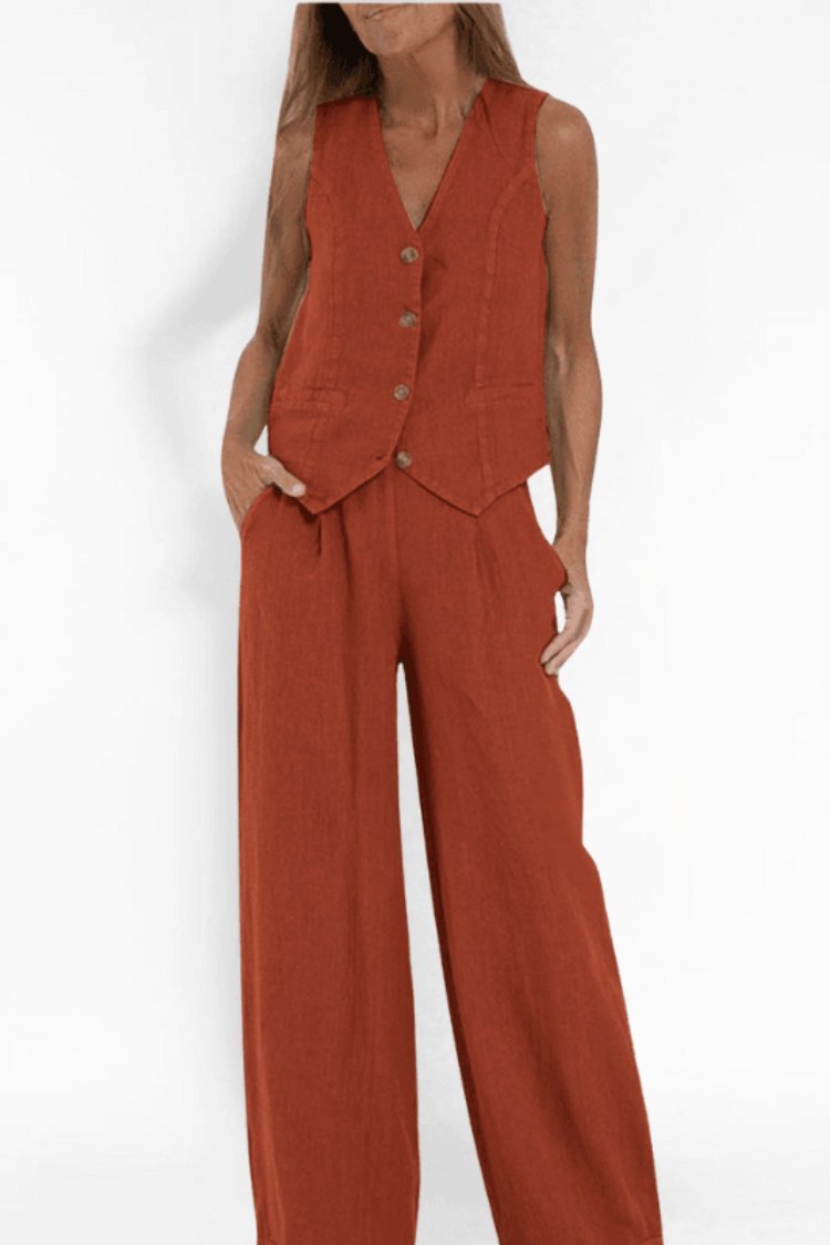 Women's Sleeveless Button-Front Wide-Leg Two-Piece Linen Set - Orange