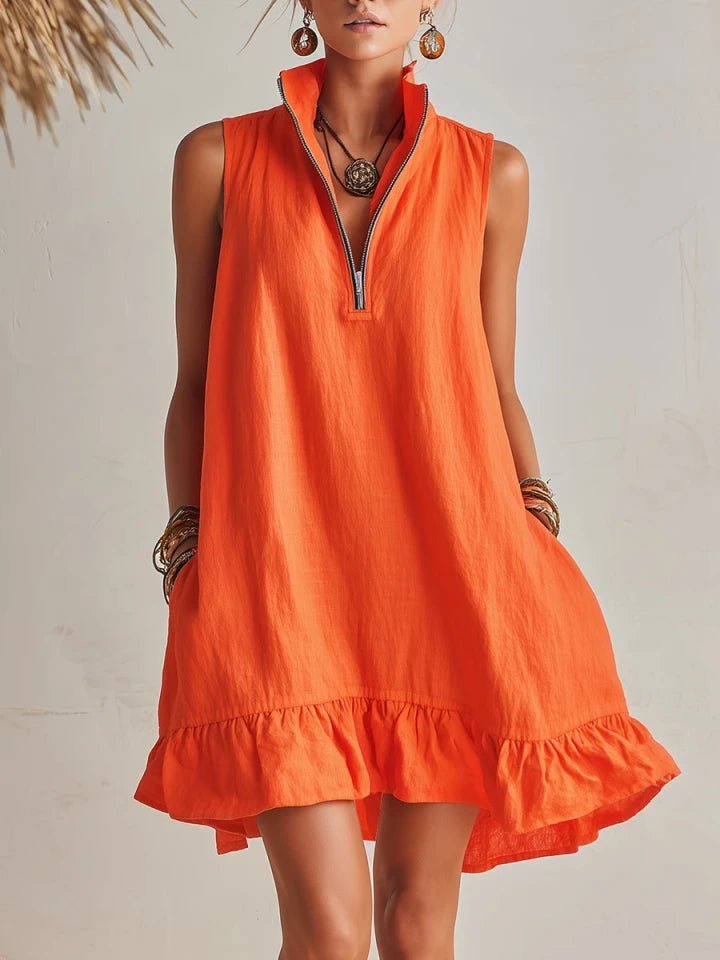 Women's Sleeveless Cotton-Linen Half-Zip Ruffle Hem Mini Dress - Orange