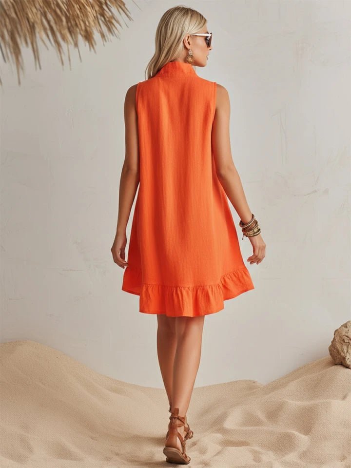 Women's Sleeveless Cotton-Linen Half-Zip Ruffle Hem Mini Dress