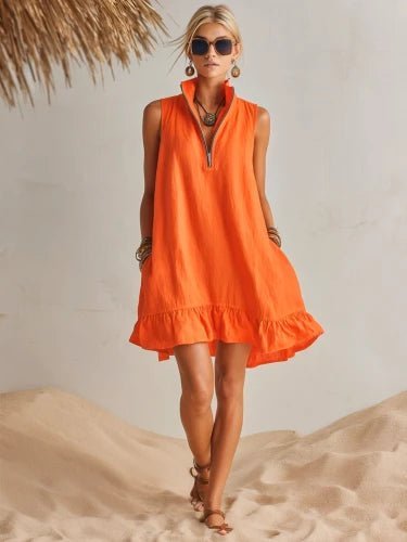 Women's Sleeveless Cotton-Linen Half-Zip Ruffle Hem Mini Dress