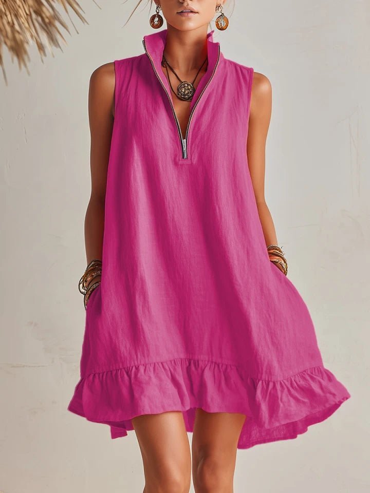 Women's Sleeveless Cotton-Linen Half-Zip Ruffle Hem Mini Dress - Magenta