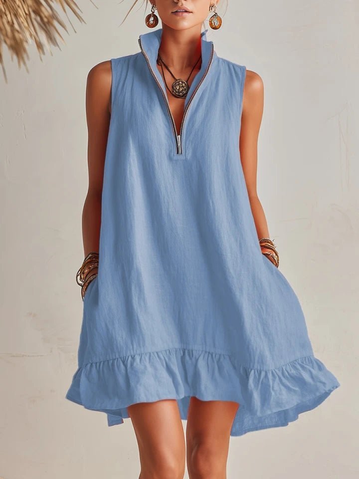 Women's Sleeveless Cotton-Linen Half-Zip Ruffle Hem Mini Dress - Blue