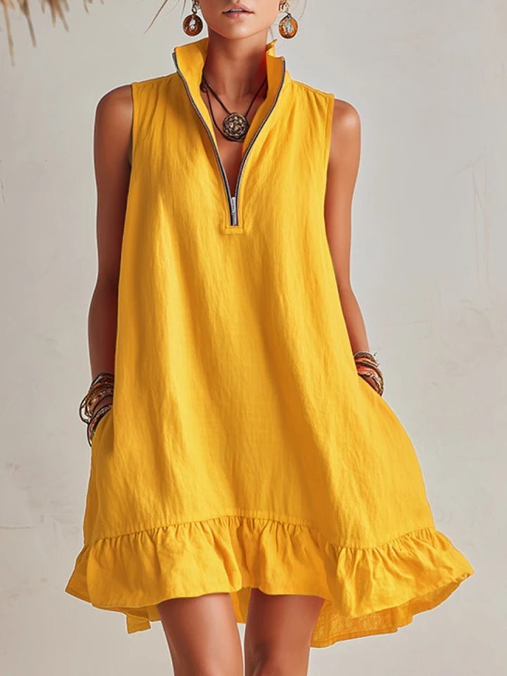 Women's Sleeveless Cotton-Linen Half-Zip Ruffle Hem Mini Dress - Yellow