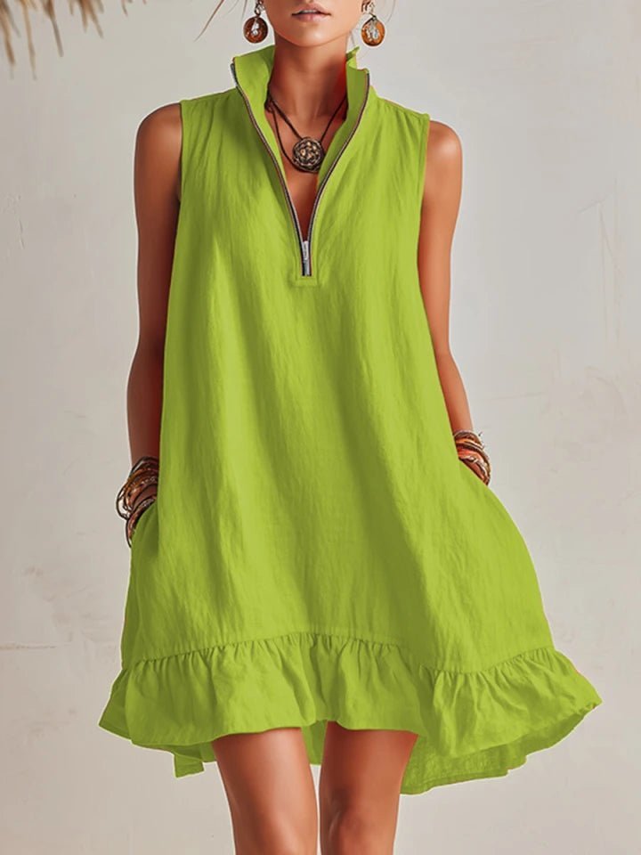 Women's Sleeveless Cotton-Linen Half-Zip Ruffle Hem Mini Dress - Green